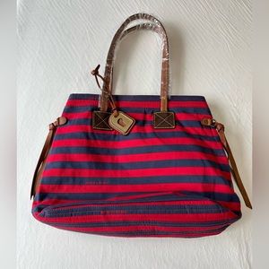Dooney & Bourke Victoria bag.  Navy/red stripe canvas with brown leather trim.